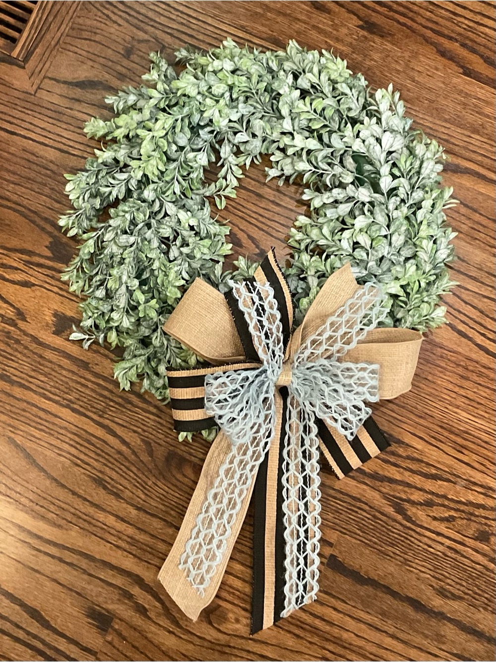 Rustic Green Boxwood Holiday Wreath with Burlap Bow